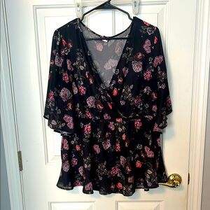 Torrid Black and Pink Wrap Blouse with Flutter Sleeves